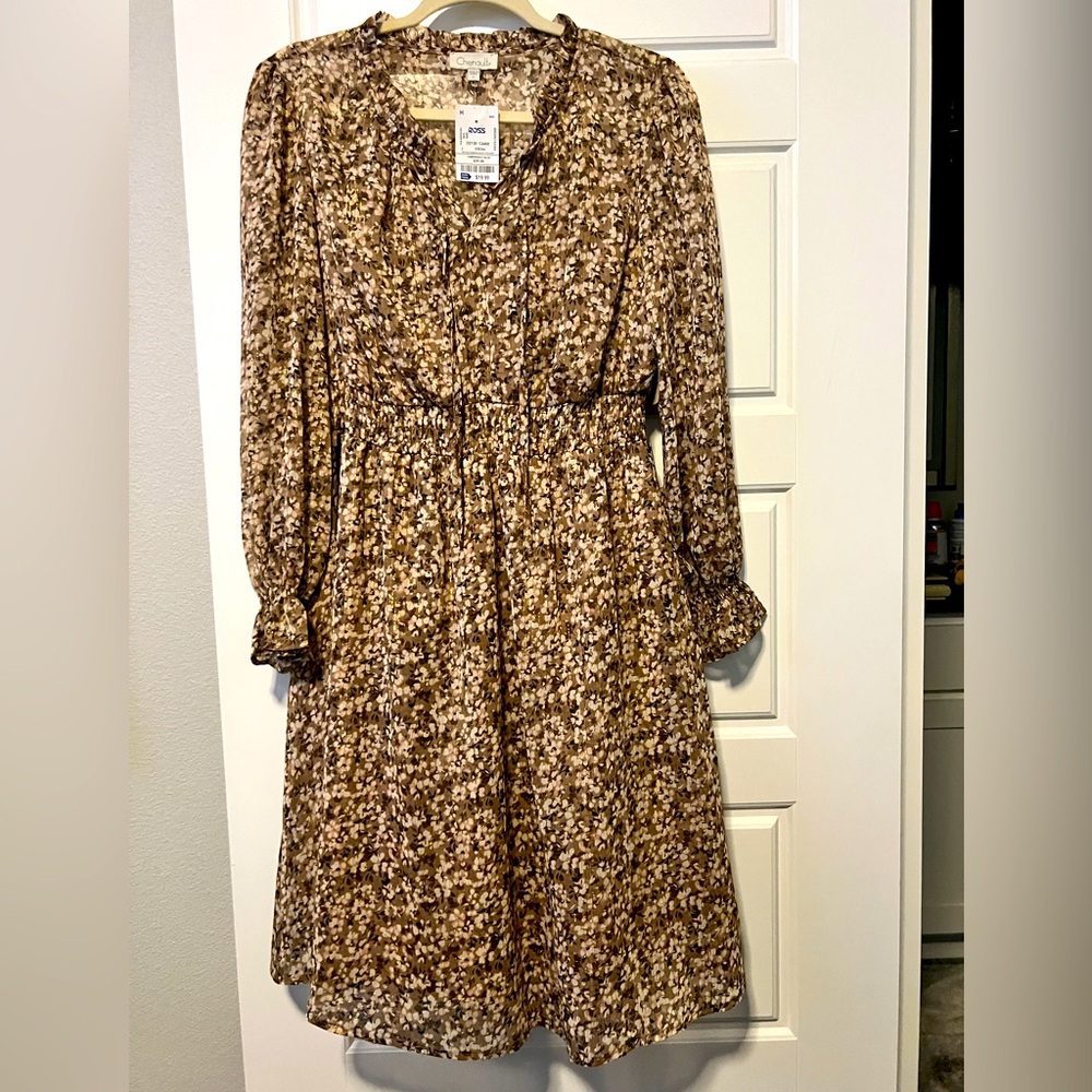 Brown and pink with gold flecks midi length dress with tie detail in the front